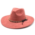 Terracotta wide brim fedora hat with gold chain and bow decoration on white background - Brick Red