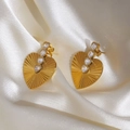 Golden heart-shaped earrings with sunburst texture and sparkling zircon inlay on silk - Heart Embossed / Gold Cubic Zirconia