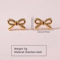 Detailed view of golden stainless steel bow earrings with measurements and 5g weight specs - Polished Ribbon Bow Stud Earrings-FYD6090