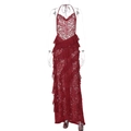 Detail of red lace halter maxi dress featuring layered ruffles and intricate floral crochet - S / Burgundy