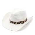 Damen Strohhut im Cowboy-Stil mit Leopardenmuster-Band und Schleife für den Sonnenschutz - M (56-58cm) / Weiß