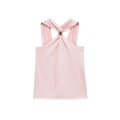 Detail of pink knit halter top featuring a gold metal ring and refined ribbed texture - Pink