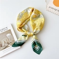 Elegant yellow silk scarf featuring large floral patterns and deep green geometric borders - Peony with Green Frame