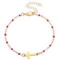 Gold stainless steel cross bracelet with rose red beads and adjustable lobster clasp closure - 18K Gold Plated Cross (Stainless Steel)