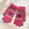 Pink winter knit gloves with Christmas reindeer and snowflake patterns in flat lay view - One Size / Watermelon Red (Touch Deer)
