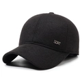 Winter men's thermal wool baseball cap with ear flaps in dark grey felt fabric - Adjustable / Black