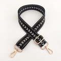 Adjustable black and white arrow pattern woven nylon shoulder strap with gold metal hooks - Black Silver Thread + Gold Buckle