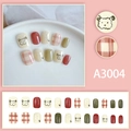 Short square press-on nails set A3004 with sheep art and red checkered pattern - A3004 (With Glue)