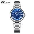 Classic silver stainless steel watch with a deep blue Roman numeral dial and date display - Silver Case Dark Blue Dial Women