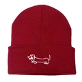 Dark red knitted beanie featuring a white embroidered dachshund on the folded cuff - One Size / Burgundy