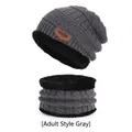 Men's winter knit hat and scarf set in dark grey with warm thickened fleece lining - Adult Set (Hat + Scarf) / Gray