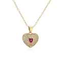 Gold plated heart necklace with red gem and micro paved zircons on white background - Gold Heart Rose Red Gemstone O-Chain