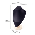 Matte black velvet necklace bust display stand with round wooden base and size markings - Large Black PU with Wood Base