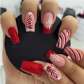 Unghie natalizie a pressione con glitter rossi, fiocchi di neve e alberi di Natale 3D - Stile Glitter Fiocco di Neve Spirale Rosso Bianco (XL-102-69)