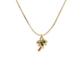 Macro detail of gold palm tree pendant with green zircon stones on fine box chain - 0585YS-Palm Tree Pendant