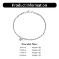 Detailed size chart for S925 sterling silver rope chain showing lengths and weights - 3.3MMx19CM / White Gold