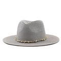 Close-up of bohemian jazz hat featuring straw braid texture and wooden bead band detail - 56-58cm / Gray