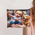Detailweergave van canvas make-uptas met illustratie van meisje en hond en stevige ritssluiting - Selfie Meisje & Hond (jiayingpbb0185)