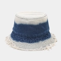 Detailed view of the gradient washed denim bucket hat with distressed frayed edges - One Size / Frayed Dark Blue