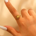 Adjustable golden sunburst ring in 18k plated stainless steel with rope band detail - 18k Gold Plated (4278)