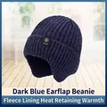 Men's navy blue winter knit hat with ear flaps and warm fleece lining for cold weather - Single Hat / Navy Blue Single Hat