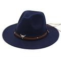 Detail of navy blue felt fedora with brown leather band and silver bull head badge - Navy Blue