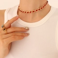 Golden necklace variant featuring red rectangular zircon gemstones on elegant chain - P256-Gold Color Red Zirconia Necklace-35+5cm