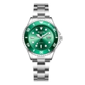 Men's quartz watch with silver steel band, green bezel, and date window display - Female Style / Silver Band Green Dial