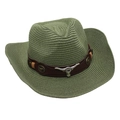 Close-up of green woven cowboy hat featuring a silver bull head and vintage metal logos - One Size / Bean Green