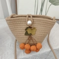 Kids woven straw crossbody bag with cherry decorations and pearl button closure - Khaki With Maple Berry