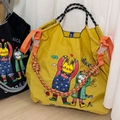Bright yellow nylon tote bag with colorful cartoon embroidery and braided handles - Khaki Rabbit and Cat (Without Shoulder Strap)