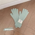 Mint green ribbed knit wool gloves for women featuring a stylish woven decorative label - One Size / Light Green