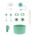 Mint green 11-piece silicone cup accessory kit with floral charms and cloud straw covers - Green