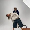 Beige and navy blue half-zip oversized sweatshirts with Maryland print and gray shorts - S / Apricot Grey