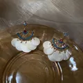 French vintage style shell earrings with blue crystal square stud and golden fan shape - Blue Gemstone Fan Shell Tassel (1# Silver Needle)