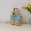 Beige straw crossbody bag for kids featuring a large blue bow and pearl decoration - Khaki with Blue Bow