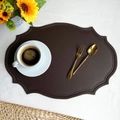 Deep brown oval PU leather placemat with lychee texture and wavy stitched edges - Coffee Faux Leather Vintage Oval
