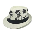 Cappello fedora in paglia beige con stampe di palme nere e nastro decorativo nero - M / Beige (Grande Albero di Cocco)