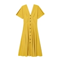 Slim fit V-neck buttoned midi dress in ginger yellow with short sleeves and flared skirt - XS / Lemon Yellow