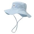 Detail of light blue bucket hat featuring smiley face patch and adjustable windproof cord - 52-54cm / Light Blue
