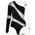 Body monospalla a maniche lunghe in mesh nero e color nudo con motivo patchwork - S / Nero
