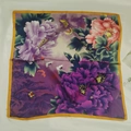 Square silk scarf with purple peony and crane print featuring a vibrant orange border - Butterfly Peony Small Square Scarf / 65
