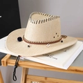 Men's beige woven straw cowboy hat with shell beads and adjustable chin strap - Adult (55-60cm) / Milky White