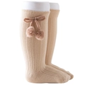 Knee-high ribbed baby socks in beige featuring knit bows and fluffy pompom accents - Khaki