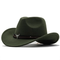 Dark green wool felt western cowboy hat with brown leather band and silver bull skull buckle - M(56-58cm) / Army Green