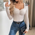Elegant beige square neck long sleeve knitted top with built-in bra and ruched front detail - S / Beige