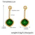 Gold stainless steel drop earrings featuring emerald green glass stone and zircon flower - Green Earrings
