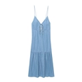 Hellblaues gestuftes Midi-Kleid mit V-Ausschnitt-Schleifen und Trägern aus Sommer-Denim - XS / Hellblau