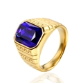 Detail of gold titanium steel ring with large rectangular blue stone and Greek key engraving - US 7 / Gold Dark Blue Rhinestone