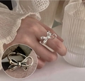 Vintage hollow flower bow open ring in silver finish with adjustable band for women - 3D Ribbon Bow(JZ9490)
